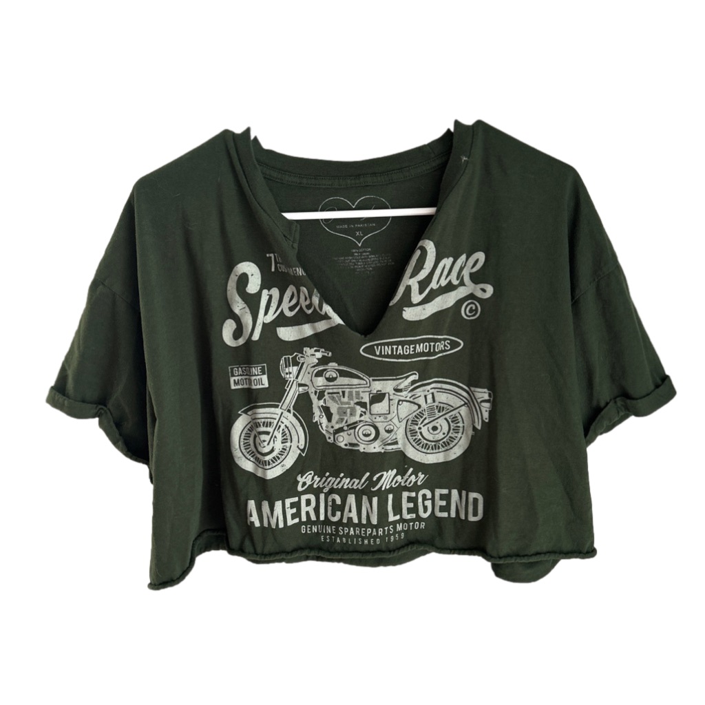 Cropped V-Neck Motorcycle Graphic Tee